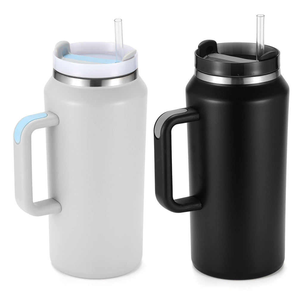 64oz High Capacity Ddouble Layer Handle Stainless Steel Coffee Thermos Travel Mug With Lid and Straw