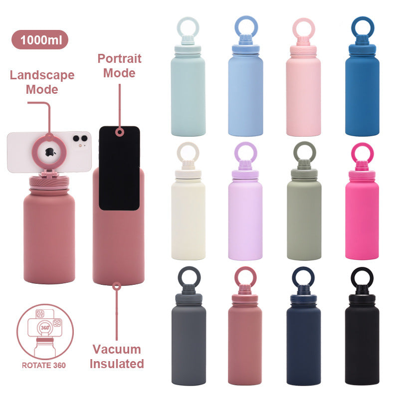 Magnetic Lid Water Bottle Stainless Steel 1000ml Bottle Gym Double Wall Vacuum Insulated Water Bottle With Magnetic Phone Holder