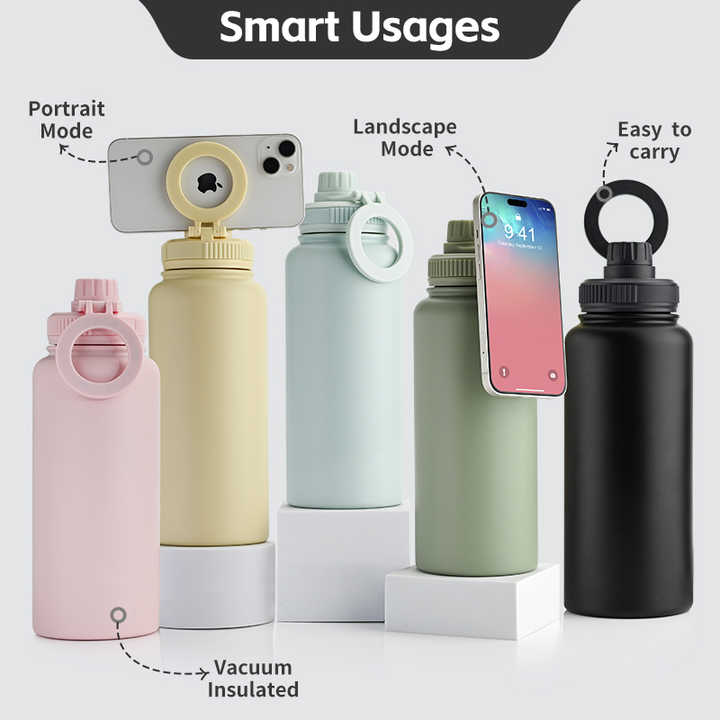 Magnetic Lid Water Bottle Stainless Steel 1000ml Bottle Gym Double Wall Vacuum Insulated Water Bottle With Magnetic Phone Holder