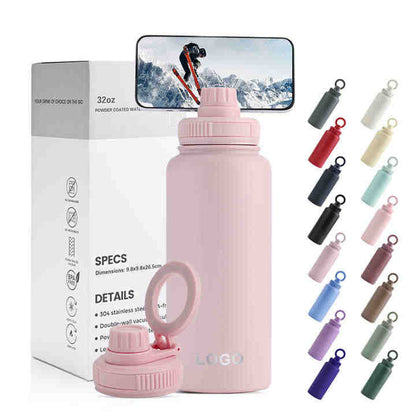 Magnetic Lid Water Bottle Stainless Steel 1000ml Bottle Gym Double Wall Vacuum Insulated Water Bottle With Magnetic Phone Holder