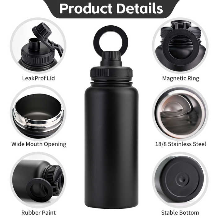 Magnetic Lid Water Bottle Stainless Steel 1000ml Bottle Gym Double Wall Vacuum Insulated Water Bottle With Magnetic Phone Holder