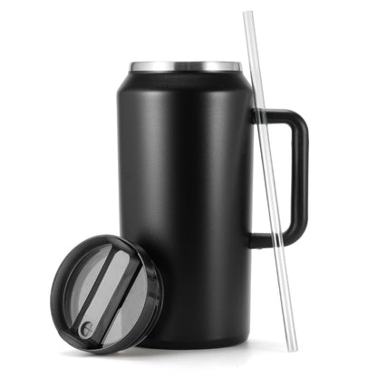 64oz High Capacity Ddouble Layer Handle Stainless Steel Coffee Thermos Travel Mug With Lid and Straw