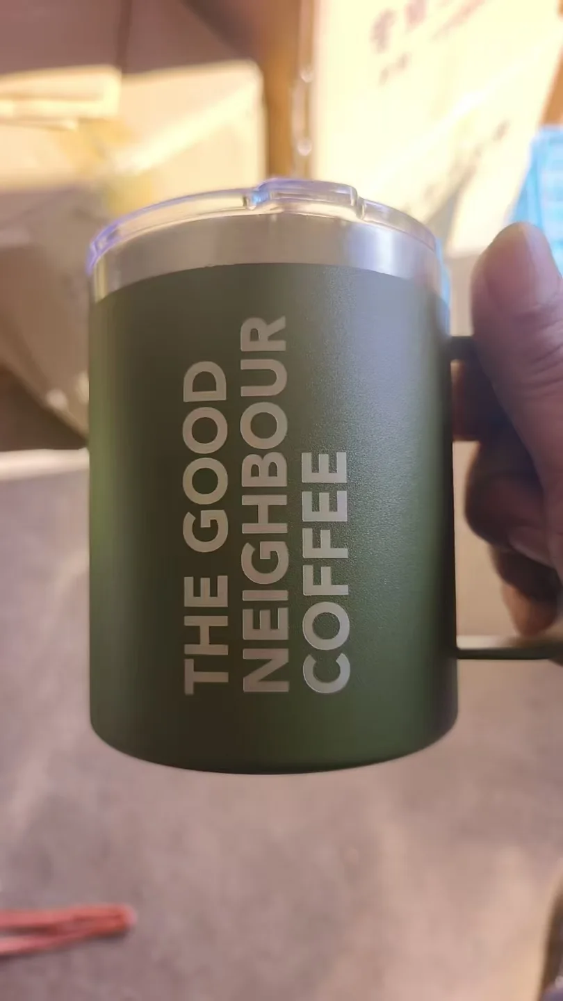 The Good Neighbour Coffee green custom mug with handle